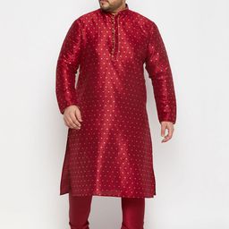 VASTRAMAY Men Plus Size Geometric Woven Design Mandarin Collar Kurta With Dhoti Pants-7