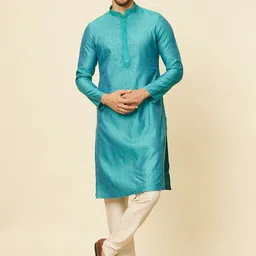 Manyavar Blue Mandarin Collar Kurta with Pyjama-image-95