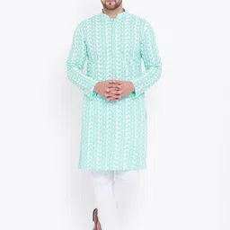 VASTRAMAY Men Green Paisley Embroidered Chikankari Pure Cotton Kurta with Churidar-picture-39