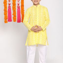 VASTRAMAY Boys Yellow Paisley Embroidered Pure Cotton Kurta with Pyjamas-image-42