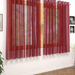 Story@home Maroon Set of 4 Striped Sheer Window Curtain-50