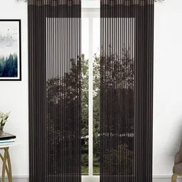 Story@home 2 Pcs Coffee Brown Set of 2 Striped Sheer Long Door Curtain-1
