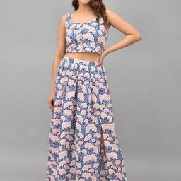 CYU Women Blue & Pink Printed Pure Cotton Crop Top With Skirt Co-Ords-image-66