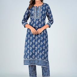 Bachuu Notch Neck Floral Printed Beads and stones Pure Cotton Kurta With Trousers-picture-28