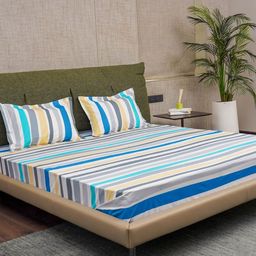 URBAN SPACE Blue & White Striped Cotton 200 TC Single Bedsheet With 2 Pillow Covers-image-92