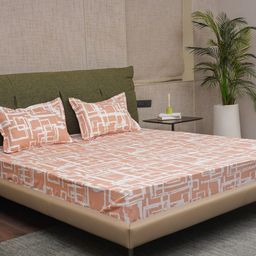 URBAN SPACE Peach-Coloured Printed Cotton 200 TC King Bedsheet With 2 Pillow Covers-image-12