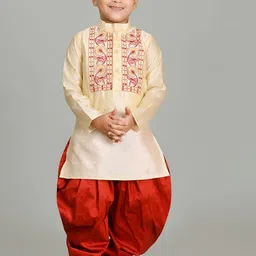 BAESD Boys Ethnic Motifs Embroidered Straight Thread Work Dupion Silk Kurta with Patiala-image-99