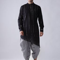 KISAH Men Black Striped Angrakha Kurta with Dhoti Pants-image-93
