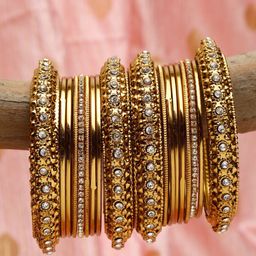 Shining Diva Set Of 18 Gold Plated Gold Crystal Studded Bangle Set-16
