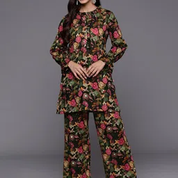Varanga Floral Printed Mandarin Collar Pure Cotton Tunic & Trousers-image-63