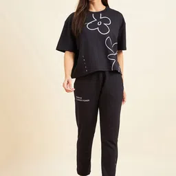 Sweet Dreams Black Floral Printed T-shirt With Pyjamas-image-66