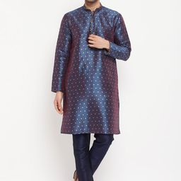 VASTRAMAY Geometric Woven Design Mandarin Collar Kurta With Pyjamas-12