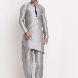 Benstoke Men Grey Dupion Silk Kurta with Trousers-image-5