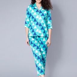 CELEBRAVO Geometric Printed Lapel Collar Pure Cotton Night Suit-image-67