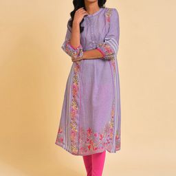 W Purple Floral Printed Mandarin Collar A-Line Kurta With Leggings-image-22