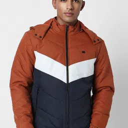 Peter England Casuals Men Orange Colourblocked Padded Jacket-image-12