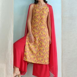 Khushal K Floral Printed V-Neck Sleeveless Kurta with Palazzos & With Dupatta-image-82