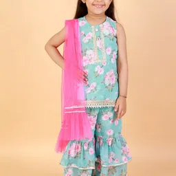 LIL DRAMA Girls Floral Printed Sleeveless Gotta Patti Kurta With Sharara & Dupatta-picture-24