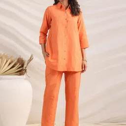 KALINI Janasya Women's Orange Cotton Blend Striped Shirt Style Co-ord Set-picture-28