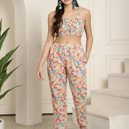 Aawari Floral Printed Pure Cotton Top & Coat with Trousers-picture-25