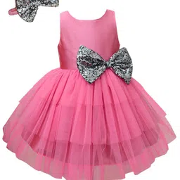 A T U N Pink Net Layered Dress with Headband Set-21
