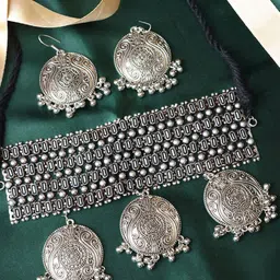 Ozanoo Silver Plated Oxidised Broad Choker Necklace Set-picture-24