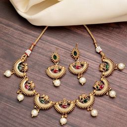 ZENEME Gold-Plated Pearl Choker Bridal Temple Necklace Set-32