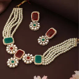 Aadvik Designs Gold-Plated Stone Studded & Pearls Beaded Jewellery Set-13