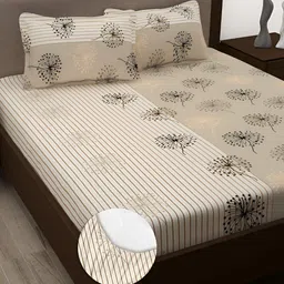 Story@home Beige & Cream-Coloured Floral 186 TC King Bedsheet with 2 Pillow Covers-24