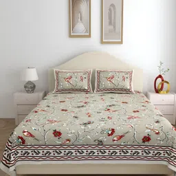 SHOOLIN Grey & White Floral Printed Cotton 162 TC Queen Bedsheet With 2 Pillow Covers-image-18