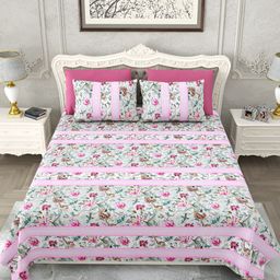 SHOOLIN Pink & Green Floral Printed Cotton 162 TC King Bedsheet With 2 Pillow Covers-image-35
