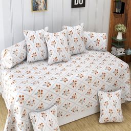 Homefab India 8 Pcs White Printed Satin Finished Cotton Diwan Set-image-25