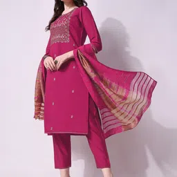 Berrylicious Women Embroidered Chanderi Cotton Kurta With Trousers & Dupatta-15