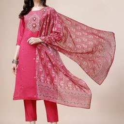 Berrylicious Ethnic Motifs Embroidered Sequined Straight Kurta & Trousers With Dupatta-image-81