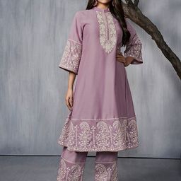 Inddus Floral Embroidered Regular A-Line Kurta with Palazzos-14