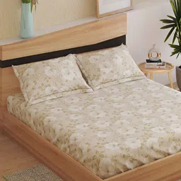 Home Centre Beige & White Floral Cotton Fitted 250 TC King Bedsheet with 2 Pillow Covers-image-34
