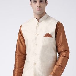 DEYANN Men Cream-Coloured Woven-Design Nehru Jacket-13