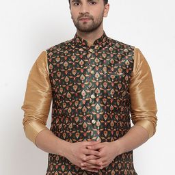 KRAFT INDIA Men Green Silk Printed Mandarin Collar Nehru Jacket-picture-15