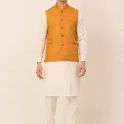 Jompers Men's Mustard Yellow Layered Kurta Pyjama With Nehru Jacket-image-20
