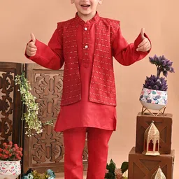 Superminis Boys Mandarin Collar Sequinned Kurta With Pyjamas & Nehru Jacket-picture-50