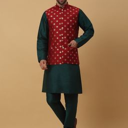 KRAFT INDIA Mandarin Collar Kurta & Churidar With Jacquard Ethnic Nehru Jacket-image-82