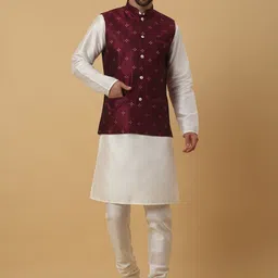 KRAFT INDIA Mandarin Collar Kurta & Churidar With Jacquard Nehru Jacket-image-93