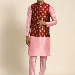SOJANYA Men Pink Kurta with Churidar with Nehru Jacket-image-91