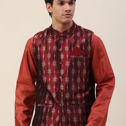 Fabindia Men Maroon Woven Design Nehru Jackets-47