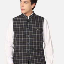 TAHVO Mandarin Collar Checked Woven Nehru Jacket-19