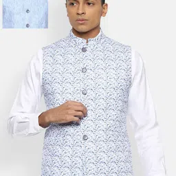 Van Heusen Men Blue & White Floral Printed Woven Reversible Nehru Jacket-5