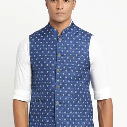 Turtle Men Navy Blue Printed Woven Pure Cotton Nehru Jacket-21