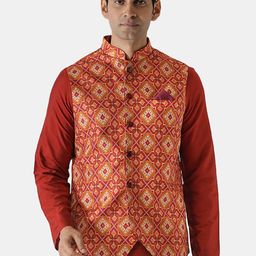 KISAH Men Red Woven Design Nehru Jacket-3