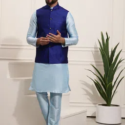 SOJANYA Men Blue Solid Kurta with Churidar & Nehru Jacket-picture-16
