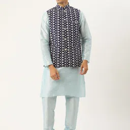 SOJANYA Men Black & Orange Solid Kurta with Churidar & Nehru Jacket-picture-41
